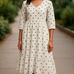 Meena Mahal Afghan Hand Embroidered Flax Cotton Sun Dress Sz M Retails $150